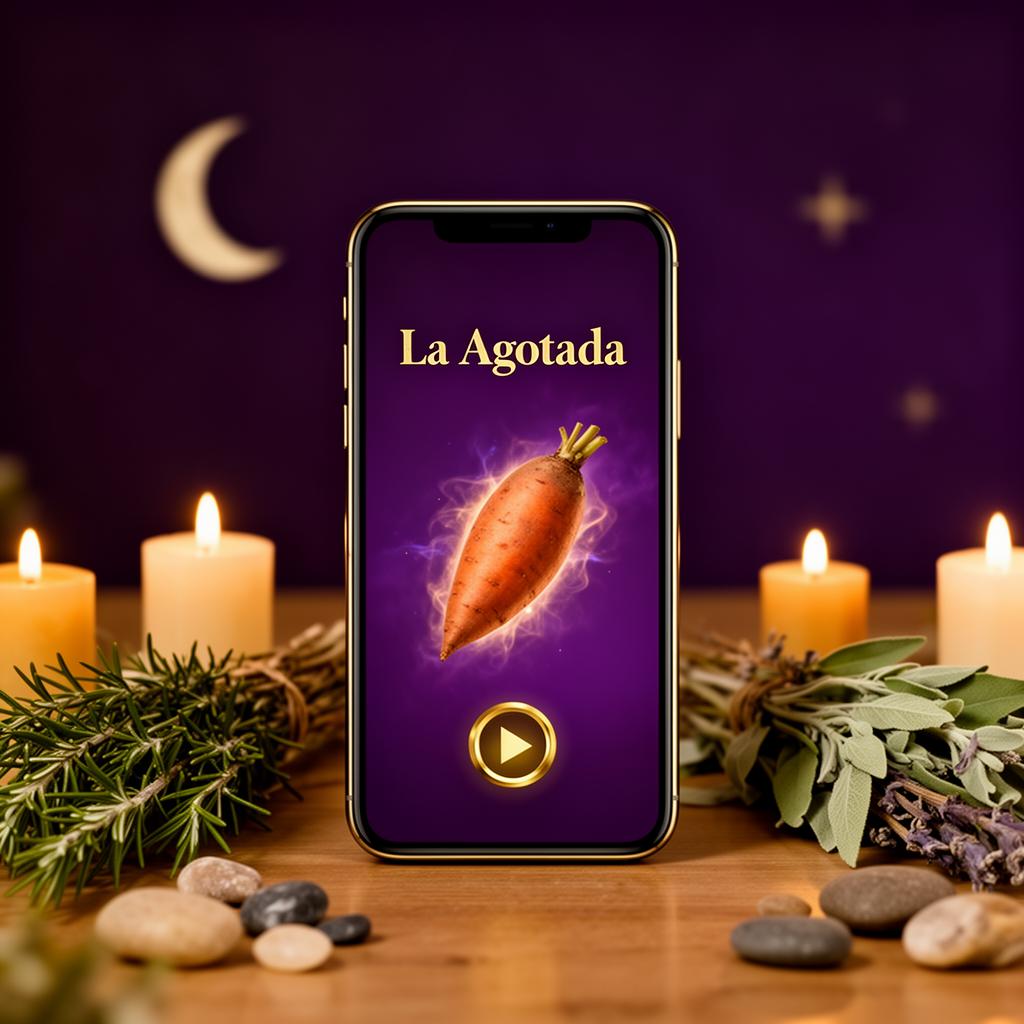 Mockup de Alquimia Viva mostrando un ritual generado para 'La Agotada' con audio activo, sobre un altar con velas y hierbas