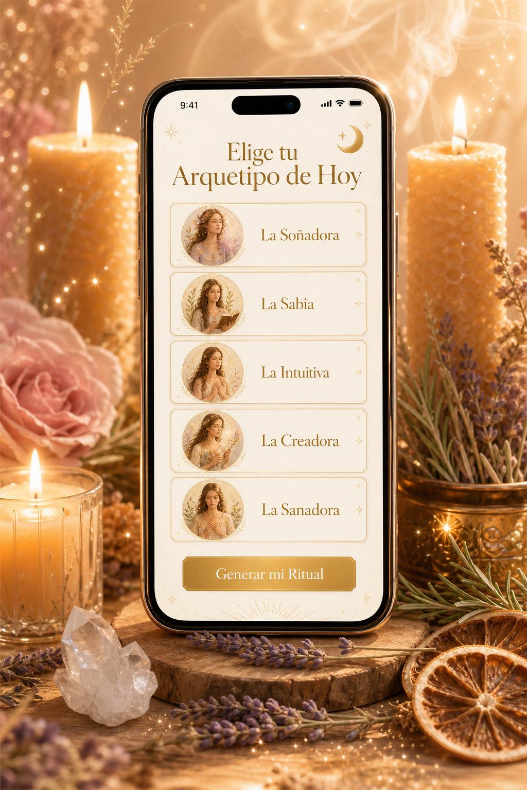 Mockup de Alquimia Viva mostrando un ritual generado para 'La Agotada', con ingrediente principal y afirmación del día, sobre un altar con velas y hierbas